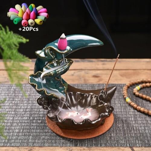 Moonlight Over The Lotus Pond Waterfall Backflow Incense Burner With 20 Cones Incense Stick Holder, Aromatherapy Ornament, Zen