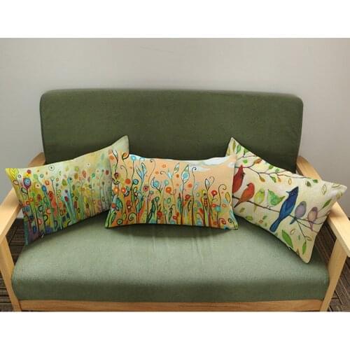 Colorful Watercolor Floral Birds & Tree Cushion Cover Rectangle Cotton Linen Lumbar Pillow Case Waist Pillow Cover 30x50cm