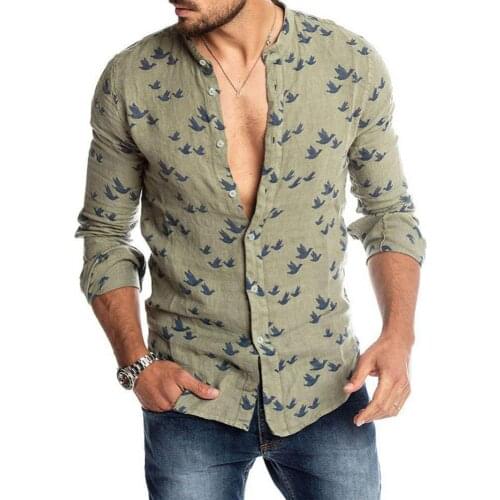 Mens dress shirts high fashion Spring Autumn Casual Men Pigeon Print Buttons Long Sleeve Shirt Linen Slim Top chemise homme
