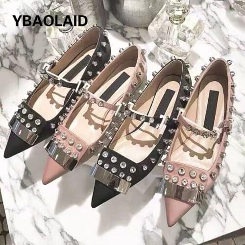 Fashion Rhinestone Rivet Flat Shoes Spring and Autumn New Pointed Metal Square Buckle Shallow Mouth Nude Pink Flat Shoes
