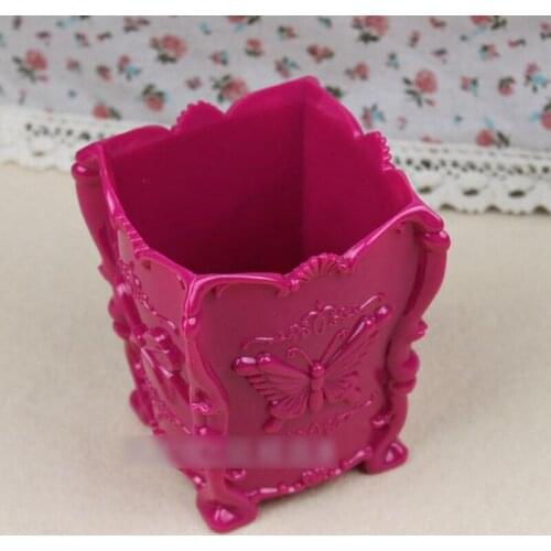 Bright Pink Butterfly Acrylic Small Square Tray Cosmetics Makeup Brush Stand Holder
