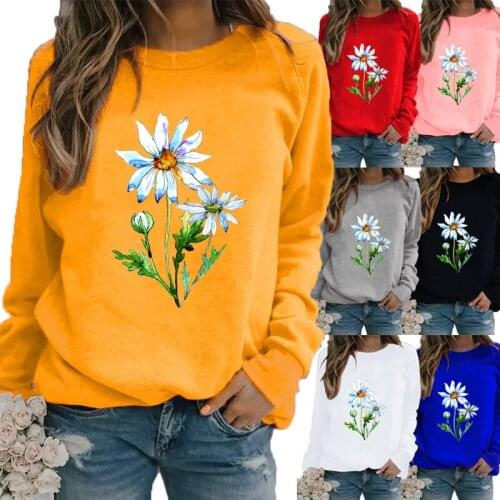 Women Autumn and Winter Fashion Flowers Printed Sweatshirt Casual Long Sleeve Tops T-shirt Ladies Round Neck Pullover Blouse
