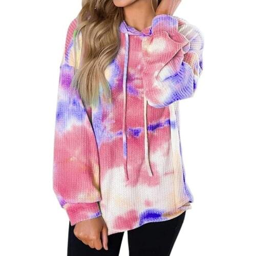 Women Drawstring Hoodie Sweatshirts Casual Pullovers Long Sleeve Tie-Dye Waffle Hooded Top Loose Streetwear Lounge Wear Outfit
