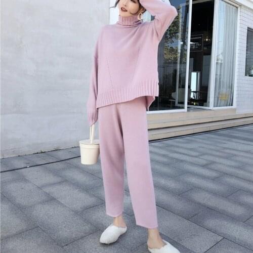 SMTHMA 2020 New Autumn And Winter knitted turtleneck warm Sweater +High waist knit pant women suit clothing 2 piece set