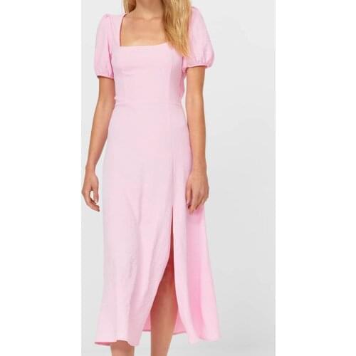 2021 summer Women elegance Square Collar Slit Dresses split backless Bow Tie Midi Dress Short puff Sleeve Back Straps vestidos