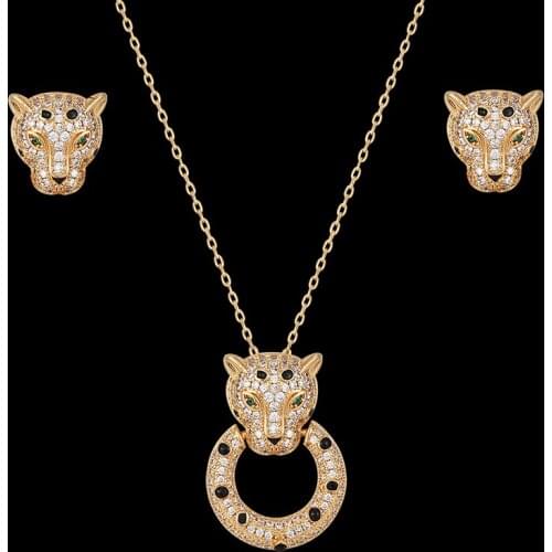 Fateama animal leopard bite ring pendant and Earring women Jewelry with zircon micro inlay baked black lacquer fashion jewelry