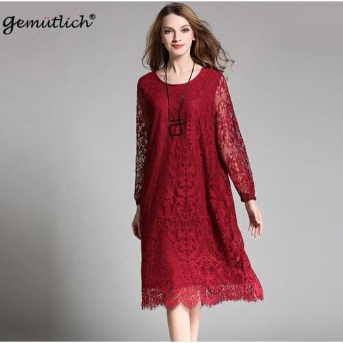 GEMUTICH Women Big Size Lace Dress O-Neck Hollow Out Elegant Long Sleeve Spring Summer Dresses Party XL-4XL New