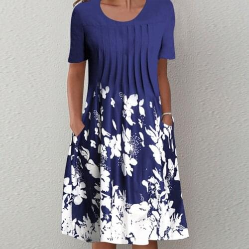 Sexy Hollow Out Short Sleeve Loose Dress Spring Summer Floral Print Pocket Casual A-Line Dress Women V Neck Pleated Party Dress