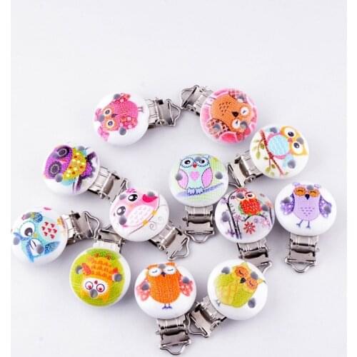 10 Baby Pacifier Clips Random Mixed Animal Owl Pattern White Wood Metal Holders Cute Infant Soother Clasps Accessories 4.4x2.9cm