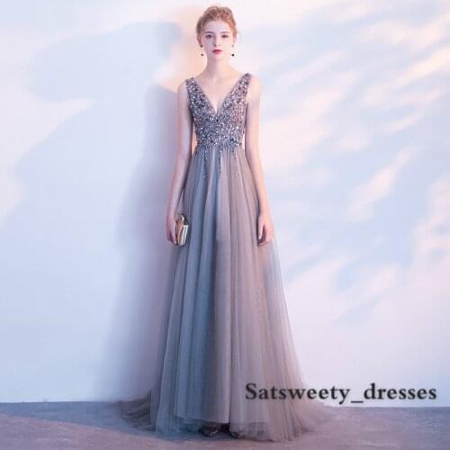 Beading Prom Dresses 2020 V neck Tulle Sweep Train Sleeveless Evening Gown A-line Lace Up Backless Vestido De Festa