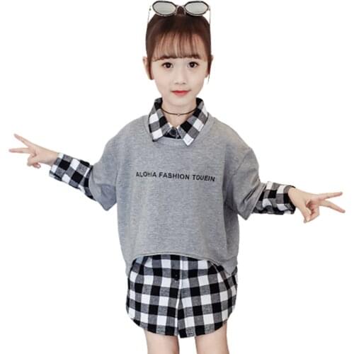 Teen Girls Clothing Plaid Blouse + Vest Girls Clothing Letter Costumes For Girls Spring Autumn Childrens Clothing