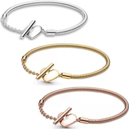 Lomeo 2021 New 100% silver high quality heart T-buckle snake bone chain bracelet original fashion jewelry Valentines day gift
