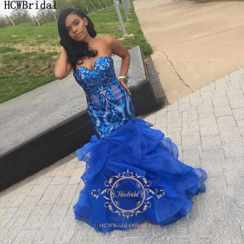 Long Mermaid Royal Blue African Evening Dress Sweetheart Sparkly Sequin Tiered Organza Long Prom Gown Plus Size Graduation Dress