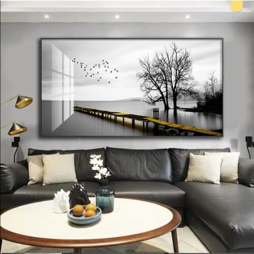 Horizontal Outdoor Landscape Large Poster Art Canvas Mural Black and White Industrial Style Bridge Shanghai Water printing120X60