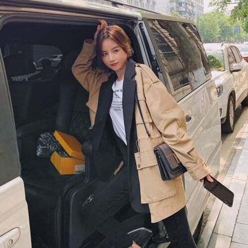 Women Jackets 2021 New Autumn Full Sleeve Notched Pocket Drawstring Wild Coat Fashion Safari Style Loose Patchwork