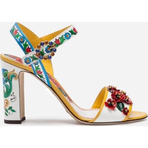 Moraima Snc Pre-order Printed Leather Ankle Strap Thick Heels Woman Sandal Summer Open Toe Crystal Embellished Party Dress Shoes