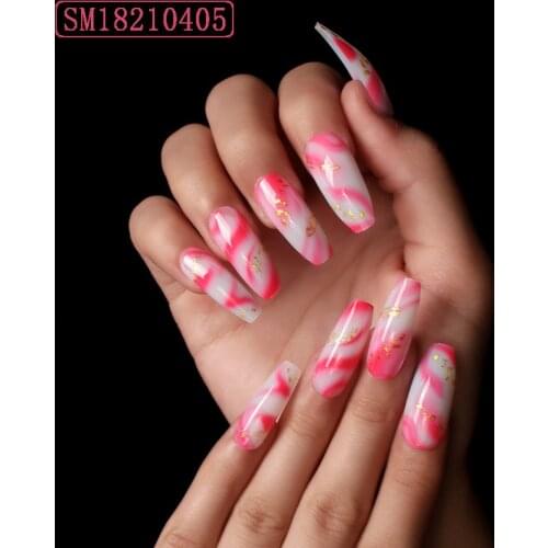 24pcs Pink White Coffin Fake Nail Patch Glue Type Removable Long Paragraph Fashion Manicure False Nails Patch Nail Sticker