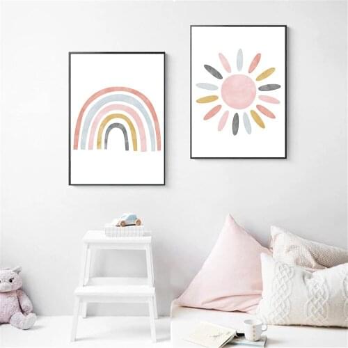 Nordic Pink Cloud Sun Rainbow Nursery Wall Art Canvas Painting Posters and Prints Wall Pictures for Baby Girls Room Decoration