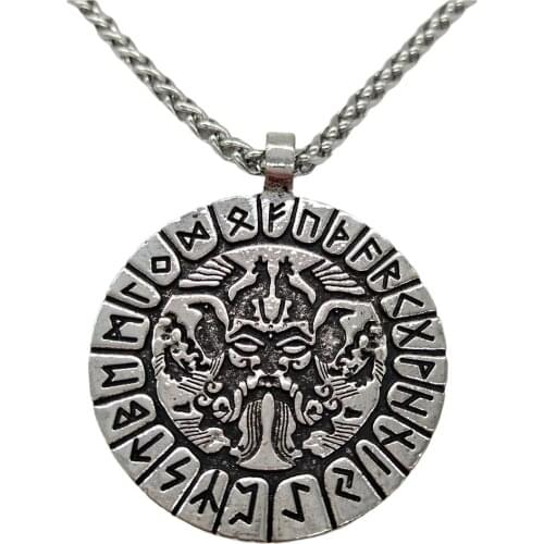 Odin Amulet Raven And Wolf Talisman Jewlery Viking Runes Pendant Men Necklace With Valknut Symbol Engraved On Back