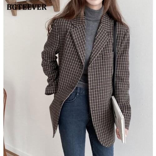 BGTEEVER Casual Notched Collar Women Woolen Jacket Long Sleeve Single-breasted Thick Plaid Female Blazer 2021 Autumn Winter Coat