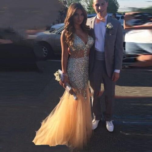 Luxury See Through Tops Evening Prom Gown Spaghetti Crystals Beaded Champagne Mermaid Floor Length Dress for Wedding Party