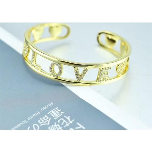 LOVE Letter Cuff Bracelet Gold Color Rhinestone Charm Copper Opening Adjustable Design Bangles Hollow Simple Trendy Jewelry