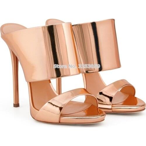ALMUDENA Rose Gold Silver High Heel Sandals Patent Leather Stiletto Heels Slip-on Slipper Dress Shoes Open Toe Party Shoes Pumps