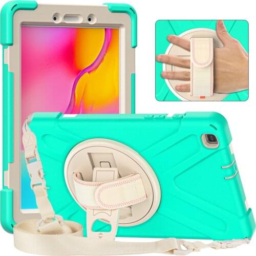 Heavy Duty Hybrid Kickstand for Samsung Galaxy Tab A 8.0 2019 T290 T295 Case 360 Rotation Tablet Cover with Shoulder Strap+Pen