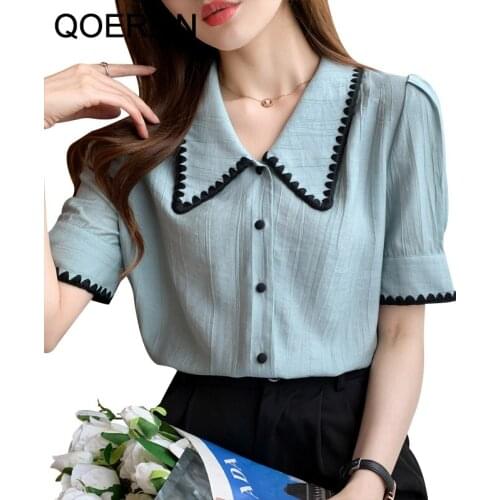 QOERLIN Thin Shirt Women Short Sleeve Turn-Down Collar Embroidered Tops Blouse Button Up Chiffon Tops Plus Size Summer New 2021