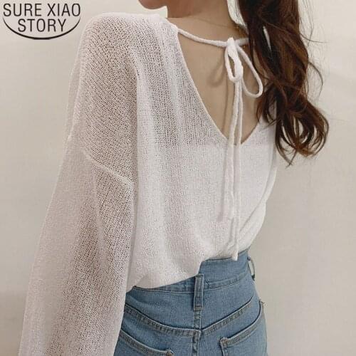 2021 Spring and Summer Knitted Shirt Ice Silk Blouse Thin Back V-neck Hollow Lace-up Trumpet Sleeve Sunscreen Sweater New 14802