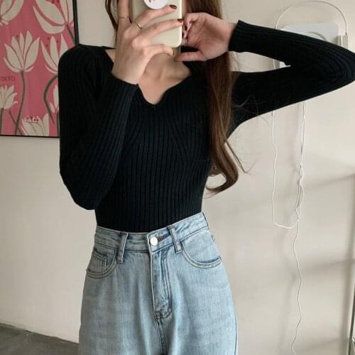 WEIHAOBANG 2021 New Womens Knitted Sweater Solid Color V-neck Long Sleeve Bottomed Knitted Slim Top