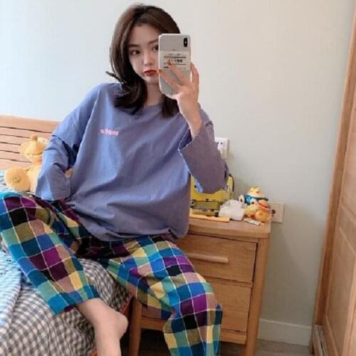 Womens Pajamas Chic Plaid Simple Casual Soft Long Sleeve Leisure Sleepwear Korean Cute Loose Nightwear Homewear 2 Pieces Suit