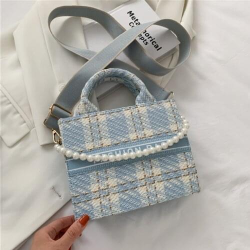Female Messenger Bag Canvas Plaid Print Square Bag New Fashion Pearl Chain Portable Crossbody Bags For Women Сумка Женская Сумка
