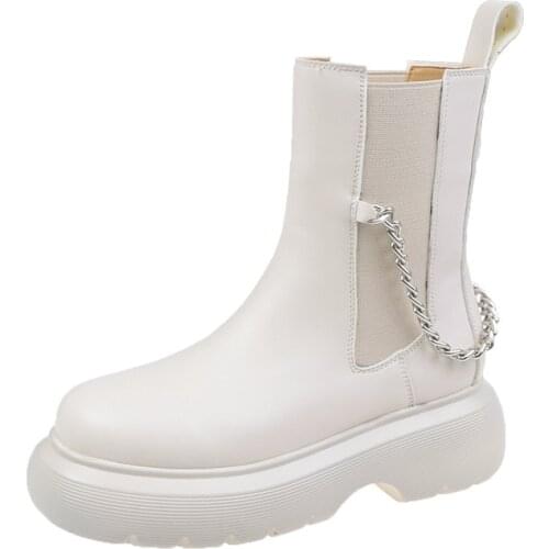 Women Ankle Martin Boots Autumn Female Casual Shoes Flats Fashion Chain Black White Elastic Band Platform Thick Sole
