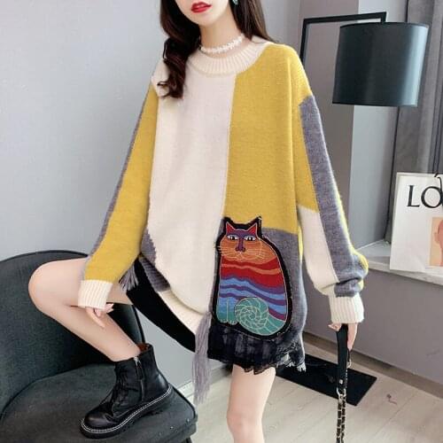 Designed Mid-length Sweater Women Loose Korean Autumn and Winter 2020 New All-match Knitted Top Fashion Contrast Warm Shirt Y165