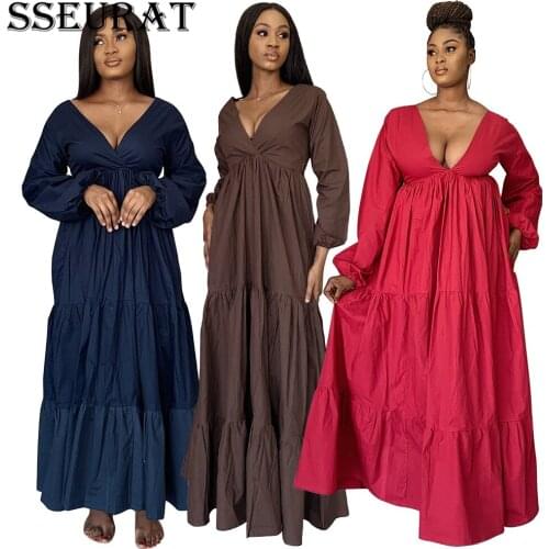 SSEURAT Women Deep V-neck Solid Pleated Floor Length Maxi Dress Sexy Club Party Long Dresses 2021 Sping