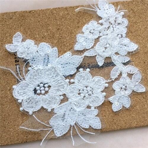 1 Pair Ivory White Embroidery Sequined Lace Applique With Beaded Flower Mesh DIY Sewing Craft Cloth Accessory 17*15cm