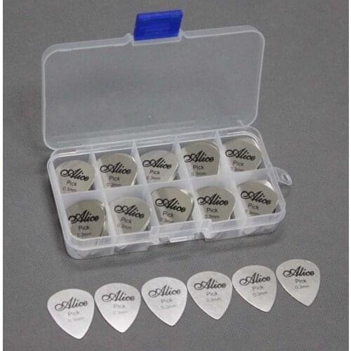 100pcs Standard Heart-shaped Stainless Steel Guitar Picks Plectrum 0.3mm + 10 grid case