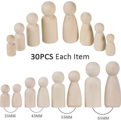 30PCS (35mm,43mm,55mm,65mm) Wooden Peg Dolls Boys Girls DIY Decor Wooden Blank Unfinished Wood Dolls Nursery Decor Peg Dolls