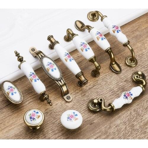 Antique Bronze Ceramic Cabinet Handles Zinc Alloy Drawer Knobs Wardrobe Door Handles Morning Glory European Furniture Handle