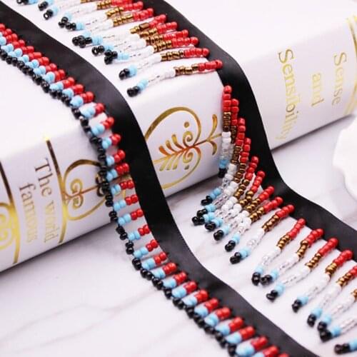Satin tape glass bead fringe lace trim ribbon tribal boho DIY zakka accessory native gypsy india africa garment jeans denim deco