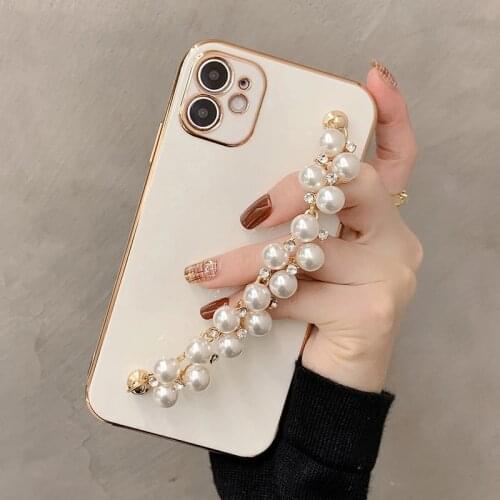 Plating 3D Pearl Chain Wrist Bracelet Phone Case for IPhone 11 12 Pro Max Soft Cover for IPhone X XS Max XR 7 8 Plus Coque Funda