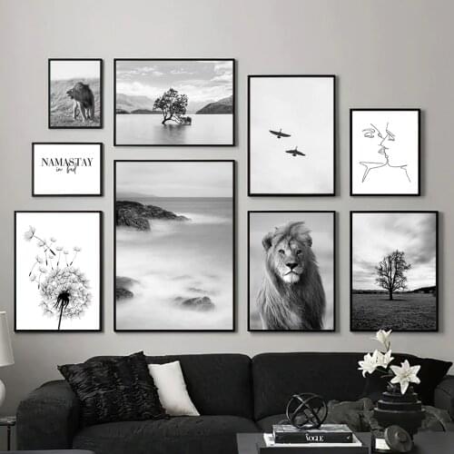 Black and White Scenery Picture Home Decor Wall Art Canvas Painting Nordic Modern Lion Posters and Prints for Living Room Design