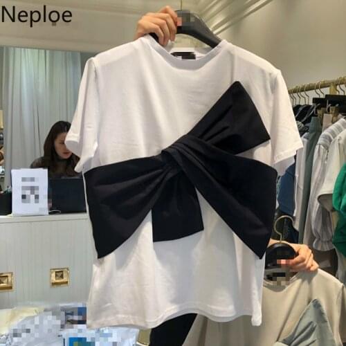 Neploe Bow-Knot Contrast Color T Shirts Women Sweet O Neck Short Sleeve Ladies Tees Fashion Korean Cotton Female Tops A10057