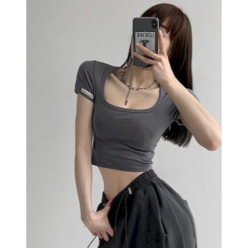 European American Short Sleeve T Shirt Womens U-neck Low-cut Sexy Bottoming T Shirt Tight-fitting High-waist Cropped Short Top