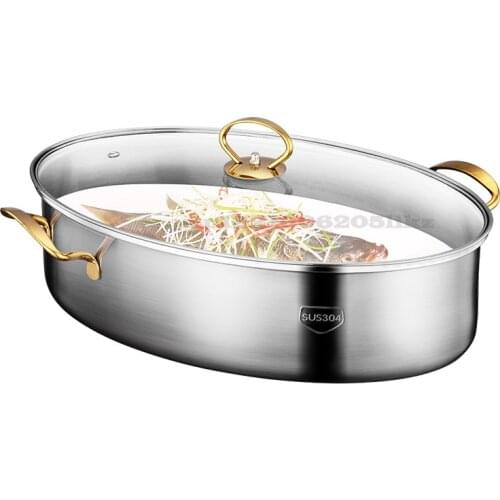 304 Stainless Steel Steamed Fish Pot 38CM Oval Steamer with Lid Thickened Multifunctional Seafood Pot Coal Electricity General