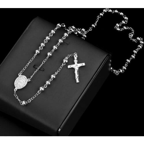 Classic Silver Rosary Beads Chain Cross Crucifix Religious Catholic Hip-hop Rapper Stainless Steel Necklace Womens Mens