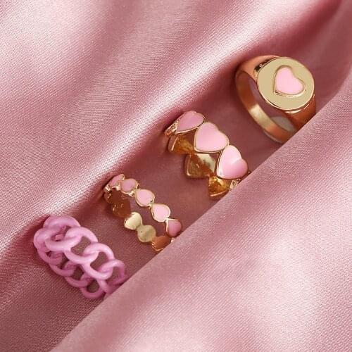 4Pcs Y2k Pink Heart Rings For Women Creative DesignCute Multi Beaded Round Finger Rings 2021 Sweet Jewelry Gift