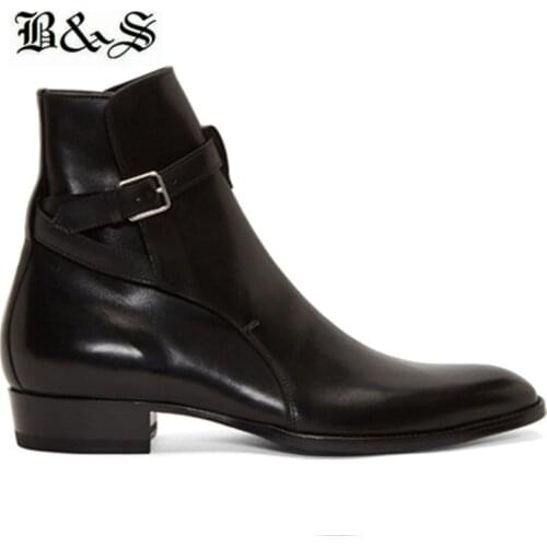 Black& Street Real picture wyatt classic black MID Buckle Strap Men Chelsea Boots genuine Leather Wedge Harness Boots
