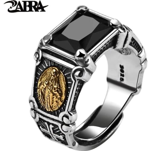 ZABRA Vintage Real 925 Sterling Silver Black Stone Ring Man Women Virgin Mary Rings Cubic Zirconia Onyx Jewelry Open Size